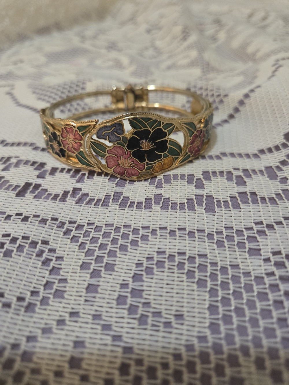 Gold-tone Floral Enamel Hinged Bangle Bracelet - Pink, Black, Green